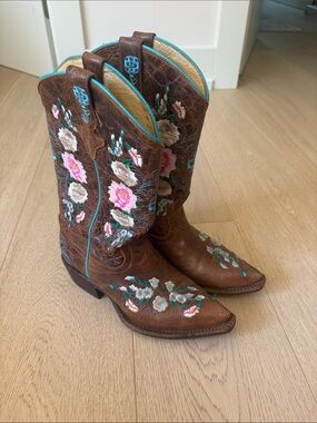 Macie Bean Brown Leather Western Booties with Pink & Turquoise Floral Embroidery